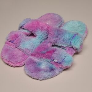 Cotton Candy Tiedye Fluffy faux fur double strap slide slippers size 7